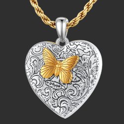 "Butterfly affection" heart-shaped photo locket pendant in sterling silver 925