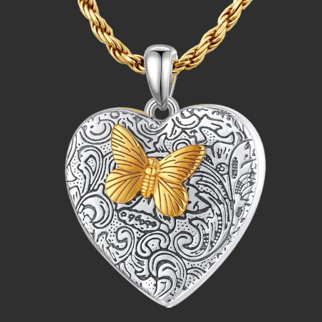 "Affection papillon" pendentif médaillon porte-photo en forme de cœur en argent massif 925