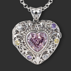 Elizabeth: Vintage Scroll Pink Topaz Heart Locket Pendant - A Sterling Embrace of Abundant Love